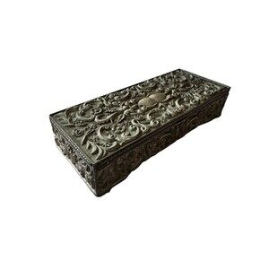 Vintage Godinger Silver 1992 Pewter Jewelry Case Trinket Box Scroll Mirror Lid